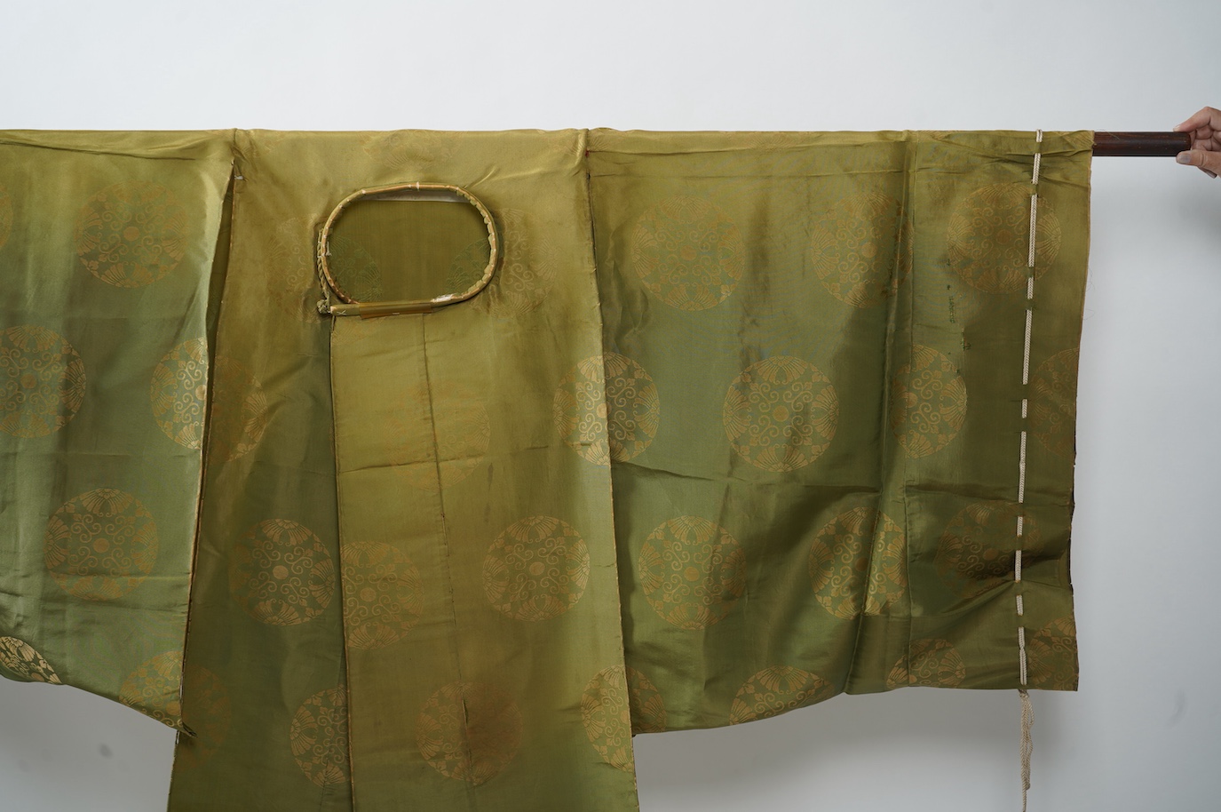 Two 1880-1920 Japanese green silk damask Kariginu, ‘hunting cloth’ robes, worn not as ‘hunting robes’ at this period, but as day wear for high ranking male Imperial Court nobles, traditionally worn with a sash at the wai